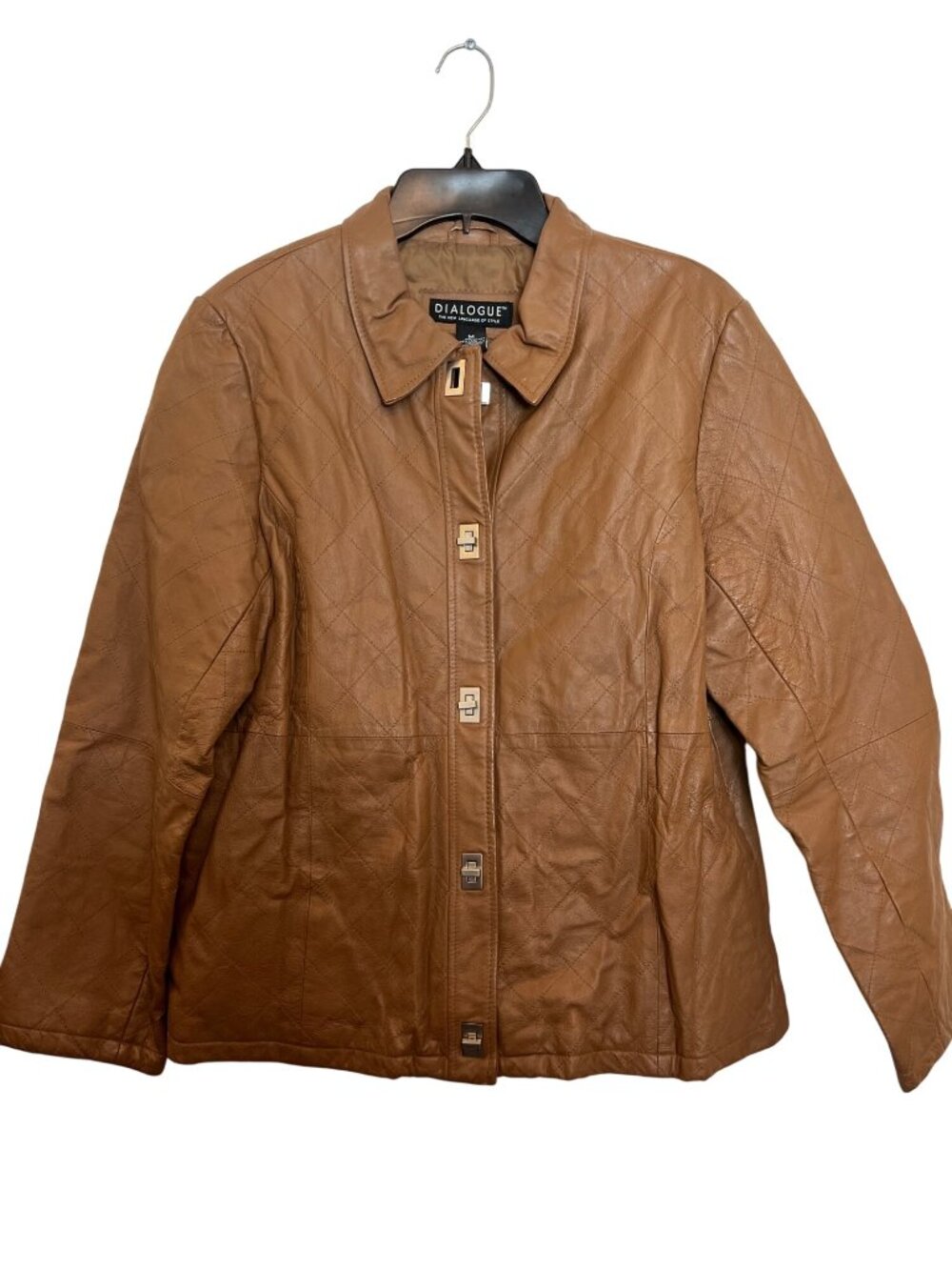 Vintage Dialogue M Brown Leather Jacket Quilted Design Button Front Womens Outer